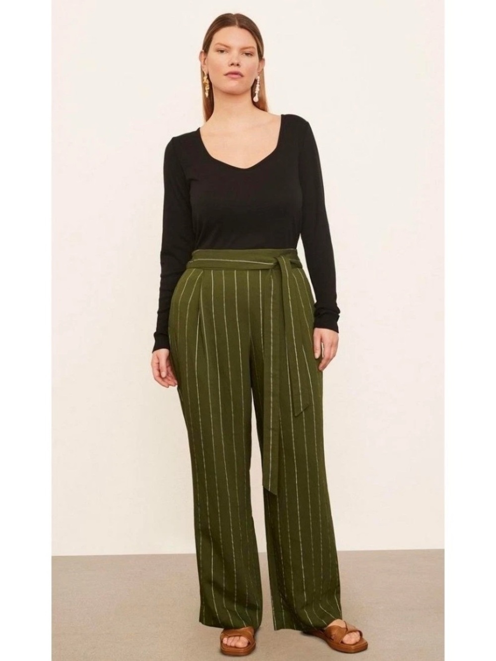 Vince Olive Pinstripe Wide-Leg Tie-Waist Pants